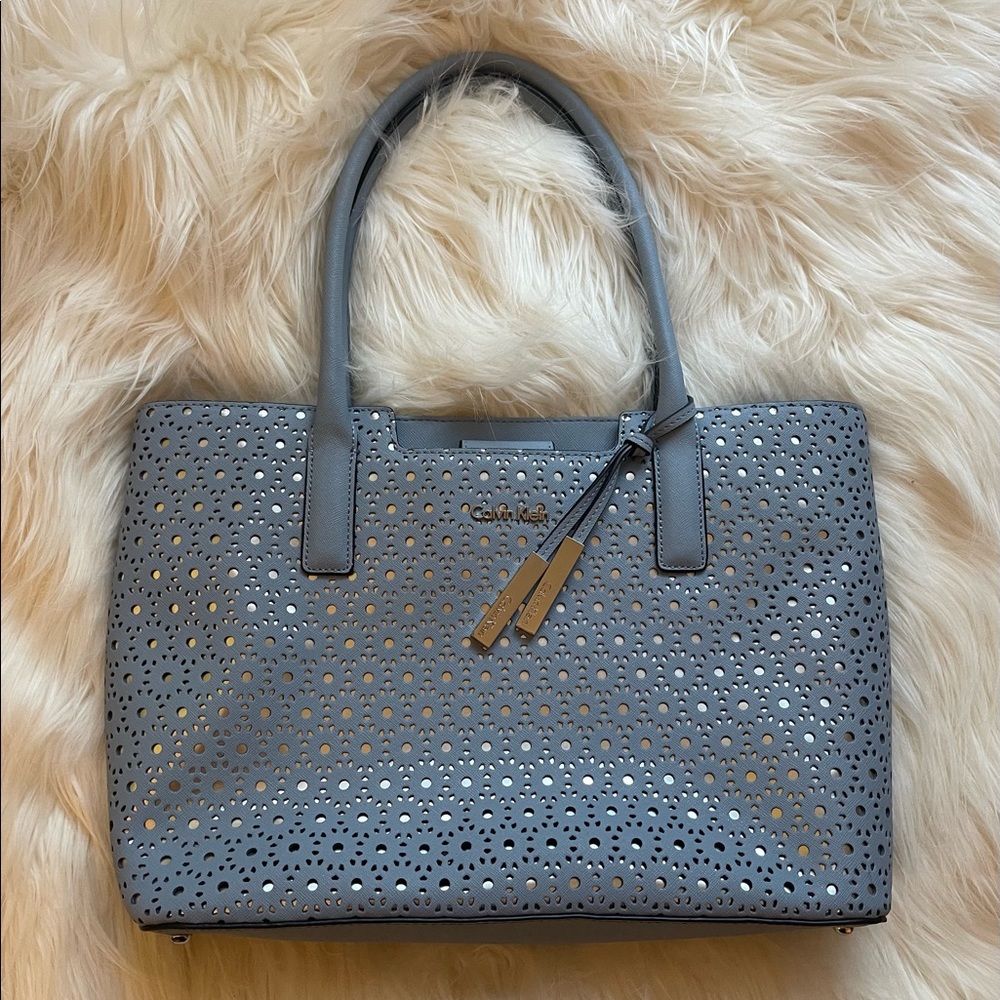 Calvin Klein Dusty Blue Perforated Large Tote Bag with Silver Underlay